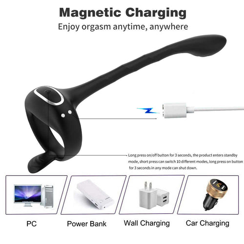 Waterproof vibrating prostate massager and cock ring for men.