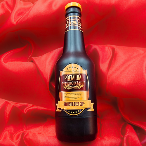 Beer bottle-style male masturbator with realistic feel and strong suction.