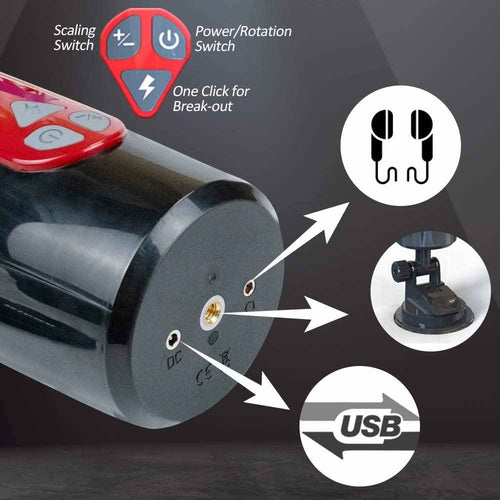 Side view of rotating and telescopic functions on male masturbator.