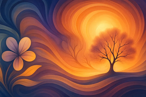 Golden tree silhouette with swirling orange and blue background design.