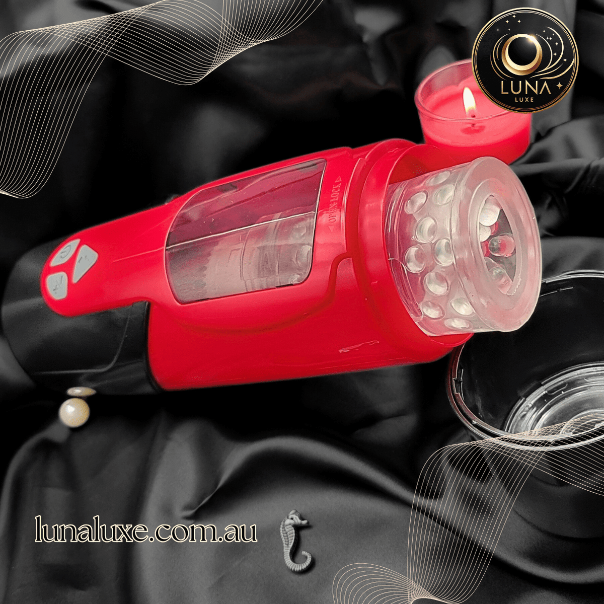 Lifestyle shot of the red Dark Knight telescopic masturbator on a black surface with clear sleeve.