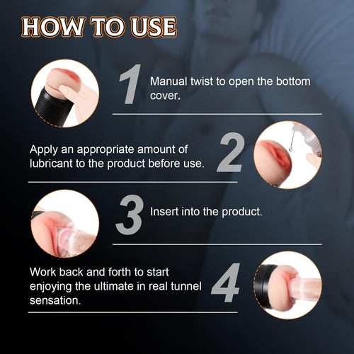 “How to use” panel—lube, twist for pressure, thrust, rinse, and air-dry for next time.