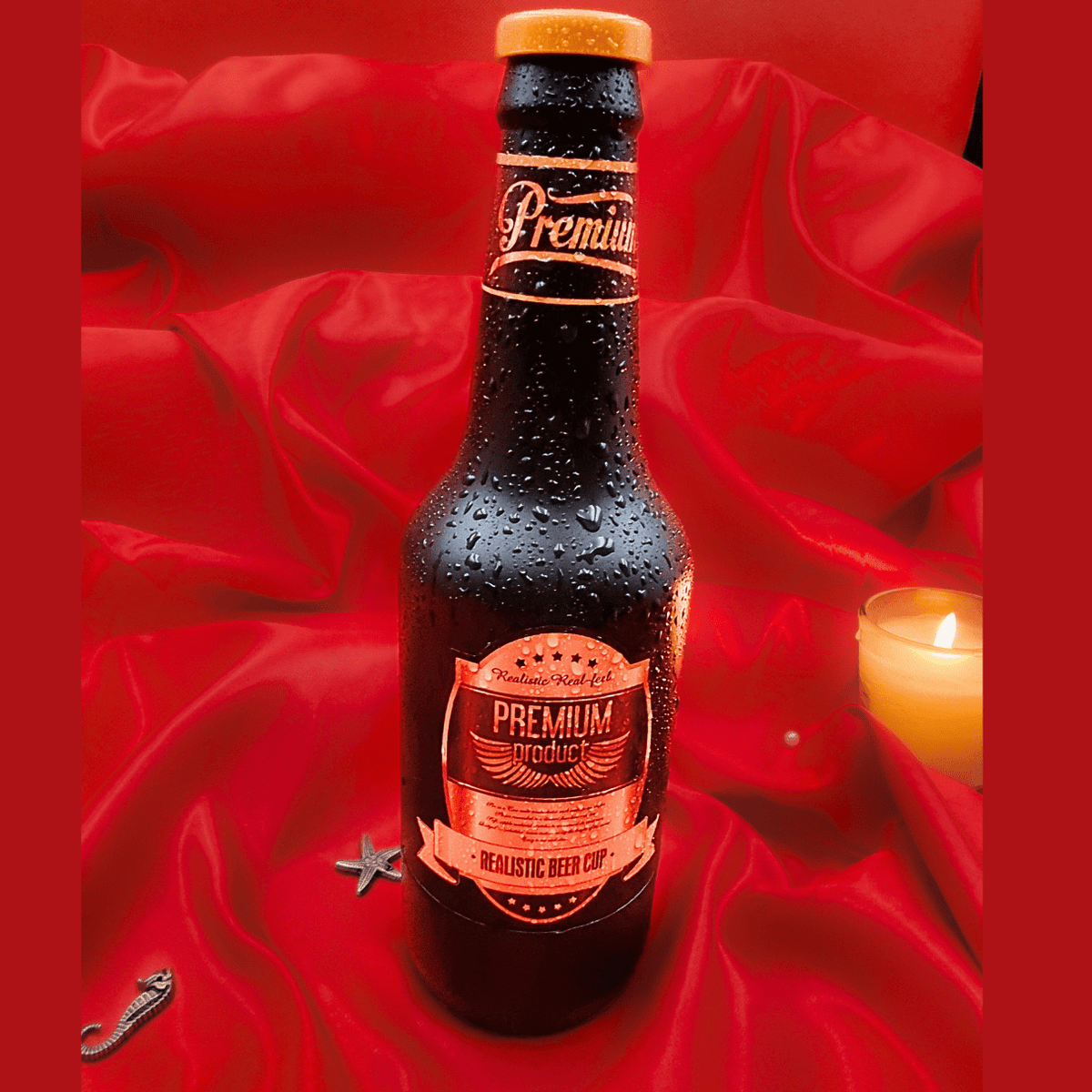 Discreet beer-bottle shell on satin, a stealth toy that looks like a drink.