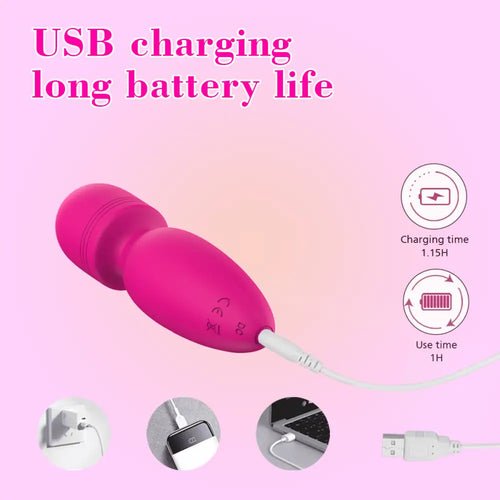 Battery life graphic: USB rechargeable mini wand with long runtime and quick charge.
