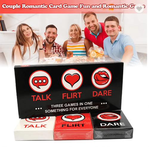Smiling group of friends gathered around snacks while a TALK, FLIRT, DARE couples card game box is displayed in front, showing three romantic games in one for playful nights together.