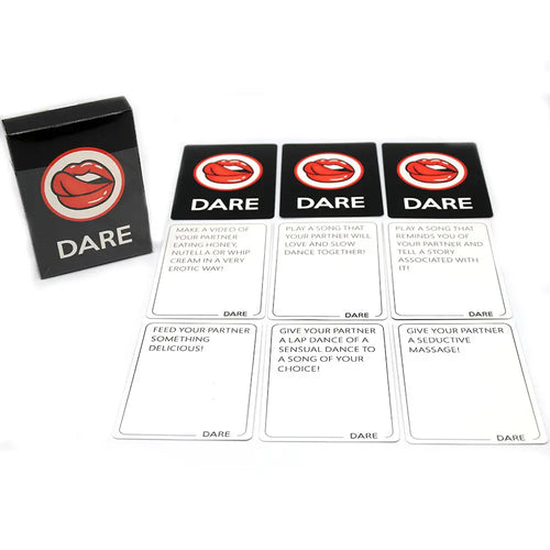 Card spread with sample prompts—conversation starters, flirty tasks, and spicy dares.