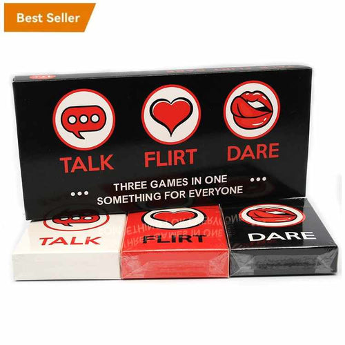 Open box showing Talk, Flirt, and Dare decks—easy setup for instant fun.