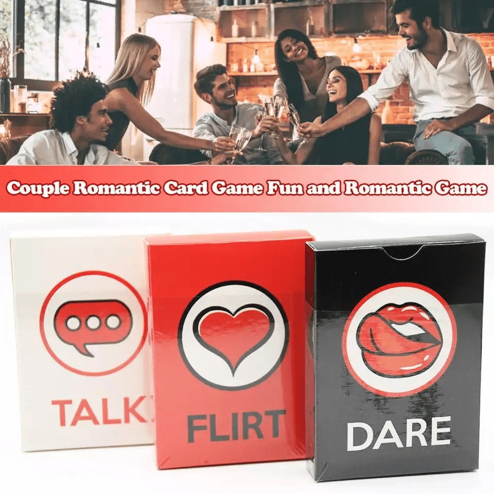 Talk Flirt Dare couples card game on a table—three decks for playful date nights.