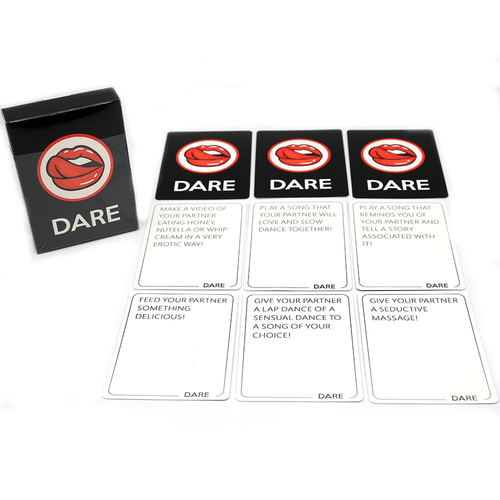 Card spread with sample prompts—conversation starters, flirty tasks, and spicy dares.