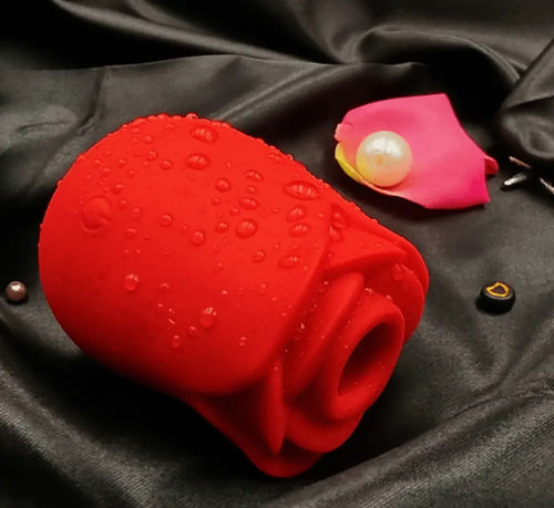 Angled view of the rose mouth—plush silicone rim for sealed clitoral suction.