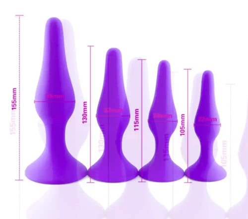 Outline graphic of the four-piece anal plug set, displaying graduated sizes for beginner to advanced use.
