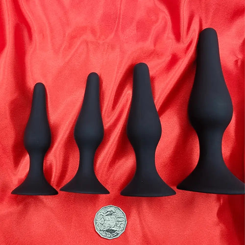 Top-down shot of the training plug set with size coin reference, highlighting tapered design for comfortable insertion.