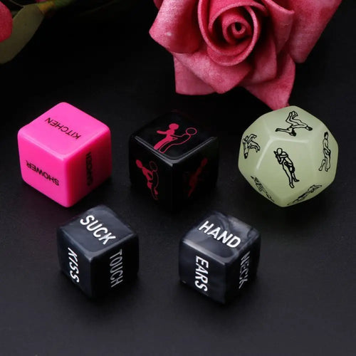 Erotic couples dice on a plate with roses—action, target, and wild prompts for spicy play.