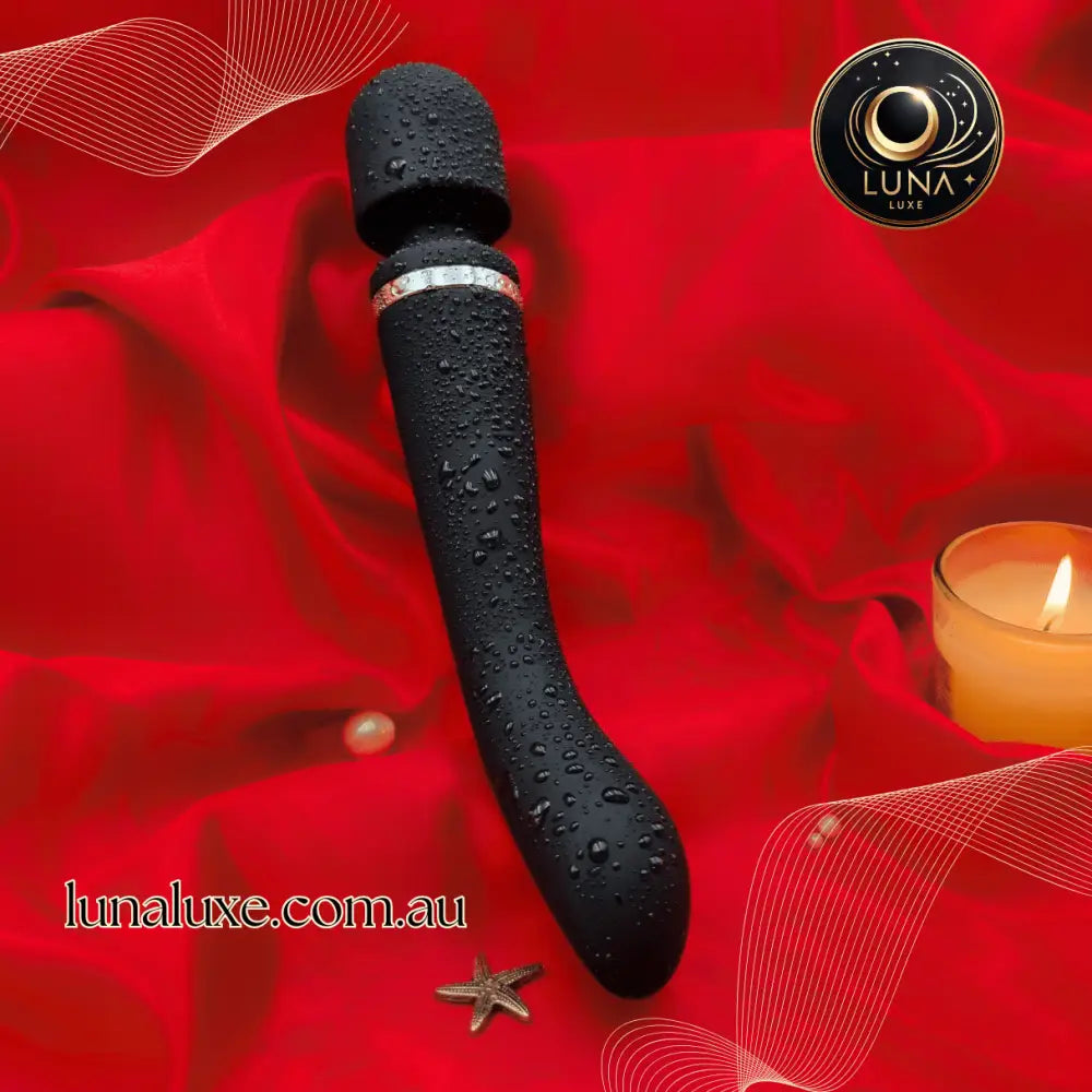 🌸 The Luna Double Delight on red satin—dual wand and G-spot vibrator ready for deep, rumbly chaos.