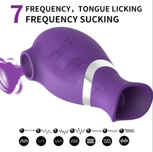 Feature panel showing 7 frequencies—air-pulse suction plus licking tongue for layered stimulation.