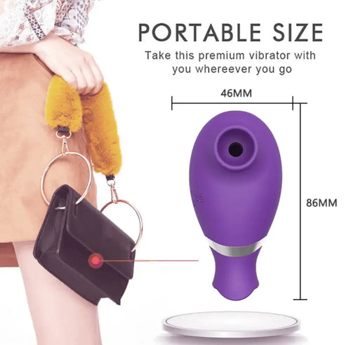 Portable size next to handbag—waterproof, USB-rechargeable, and discreet for travel.