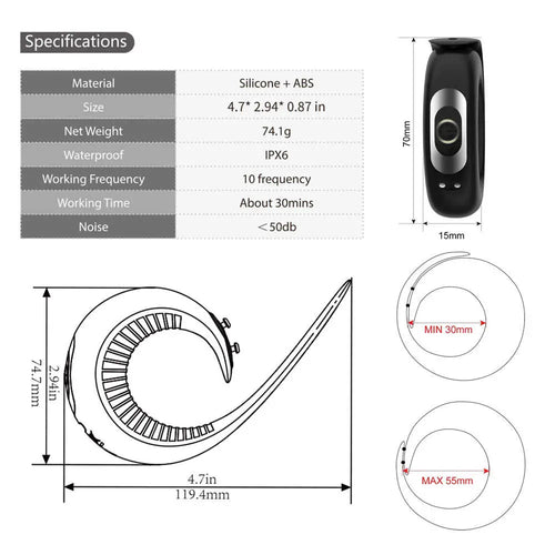 Technical diagram with dimensions and inner diameter for the adjustable strap cock ring.