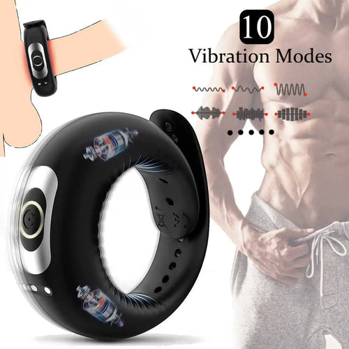 Feature card showing 10 vibration modes for the adjustable vibrating cock ring.