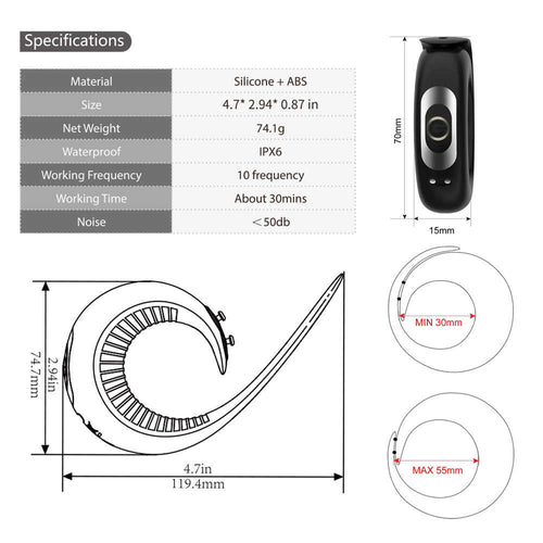 Technical diagram with dimensions and inner diameter for the adjustable strap cock ring.