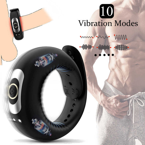 Feature card showing 10 vibration modes for the adjustable vibrating cock ring.