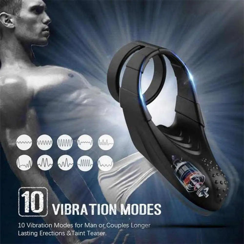 Feature card displaying 10 vibration modes for the vibrating cock ring sleeve.