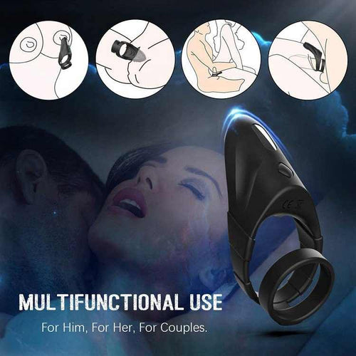 Use-case graphic for the multifunctional cock ring, highlighting couple play and stamina support.