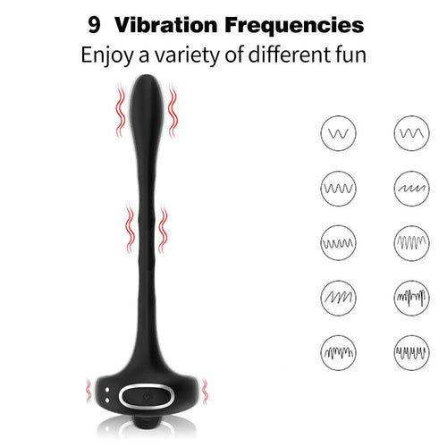 Feature card listing 9 vibration patterns for prostate and perineum stimulation.