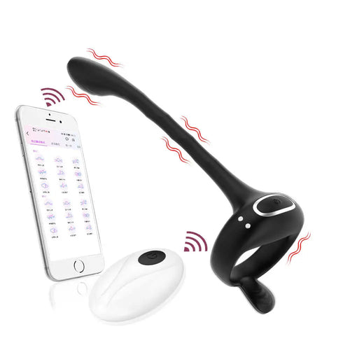 Product with smartphone and remote diagram, showing app control, length measurements, and bend angle.