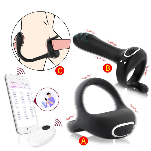 In-box contents: prostate massager, wireless remote, adjustable ring accessory, USB cable, and manual.