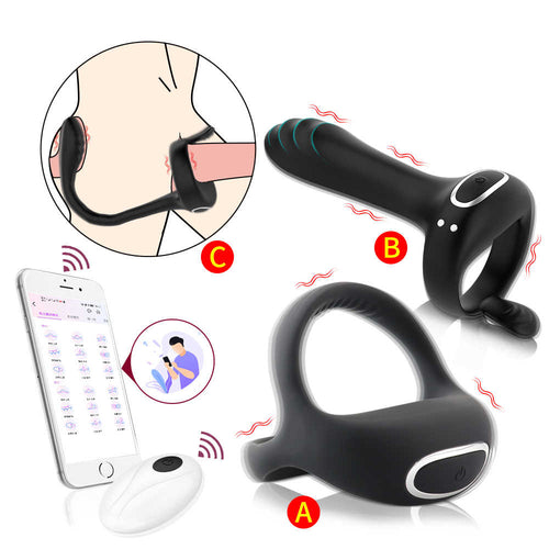In-box contents: prostate massager, wireless remote, adjustable ring accessory, USB cable, and manual.