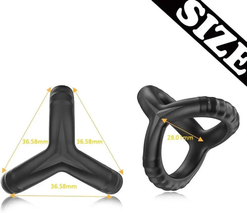 Front view of the black tri-link cock ring with inner contours for firm support and comfort.