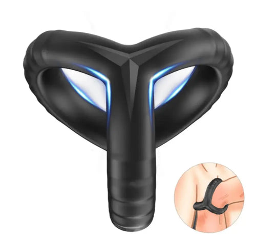 Isolated product photo of black triple cock ring with ergonomic center support and soft edges.