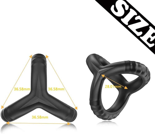 Front view of the black tri-link cock ring with inner contours for firm support and comfort.
