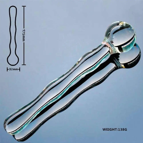 Product diagram of the clear glass pleasure wand, dual bulbs and wave texture with size reference.