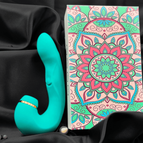 Close view of the Luna Pulse+ against a patterned backdrop, highlighting smooth medical-grade silicone.