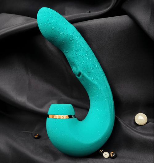 Teal Luna Pulse+ on satin, showing the pronounced curve that targets the G-spot effortlessly.