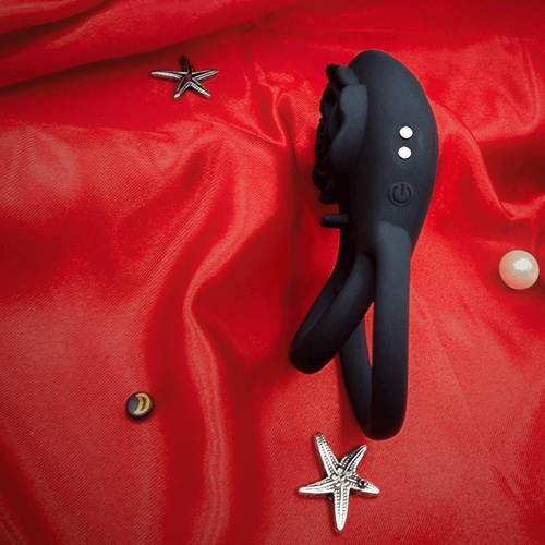 Front view highlighting the dual-ring design for shaft and base with attached rose vibrator.