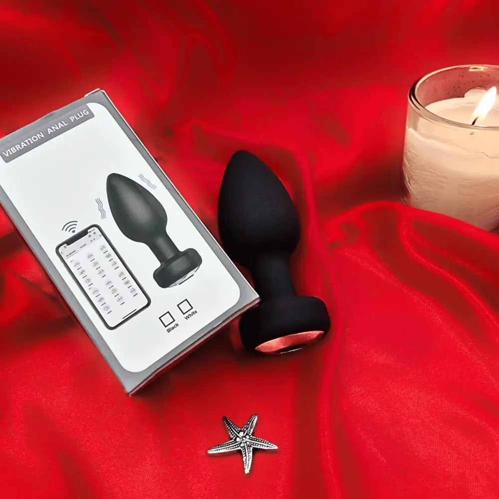 In-box contents on fabric: app-controlled anal plug, user manual, and USB magnetic charging cable.