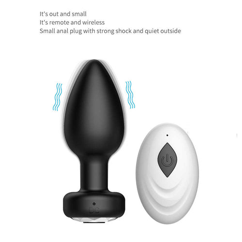 Product size diagram of the vibrating anal plug with dimensions and remote control reference.