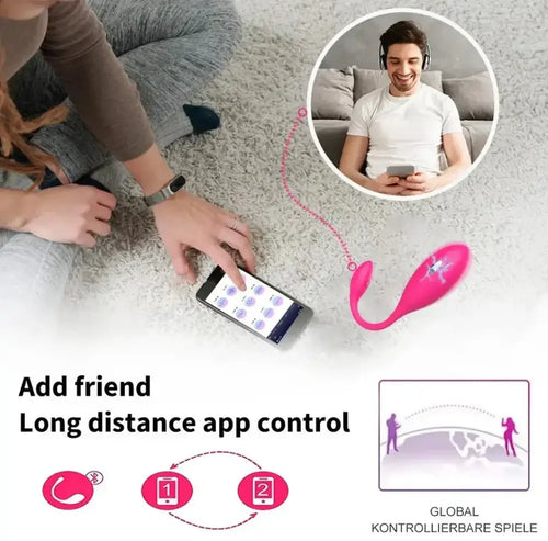 Lifestyle card showing remote control use, demonstrating long-distance app control over vibration and pulse.