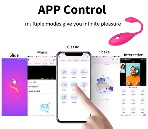 App interface screenshot for the wearable vibrator, with pattern selection and real-time control.