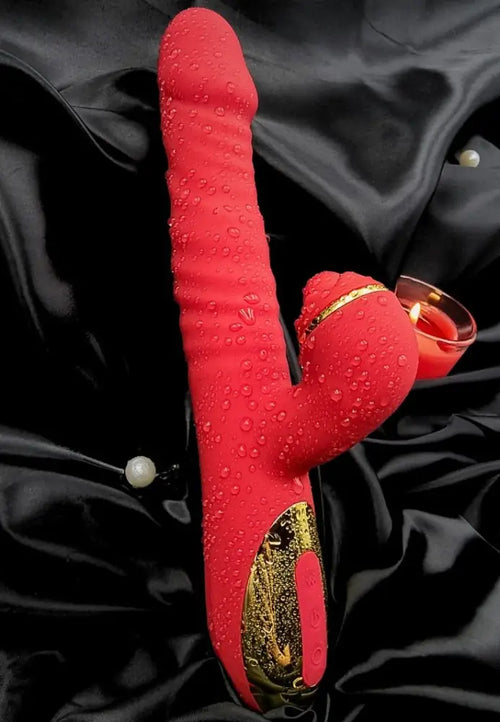 Three-quarter profile on fabric—ergonomic handle and angled arm that sits on the clitoris.