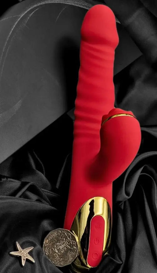 Cutaway graphic of piston action—telescopic in-out strokes for deep, rhythmic pressure.