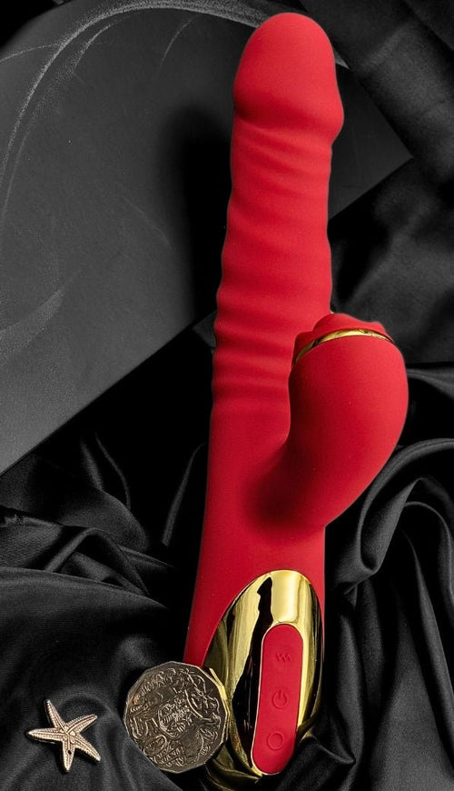 Cutaway graphic of piston action—telescopic in-out strokes for deep, rhythmic pressure.