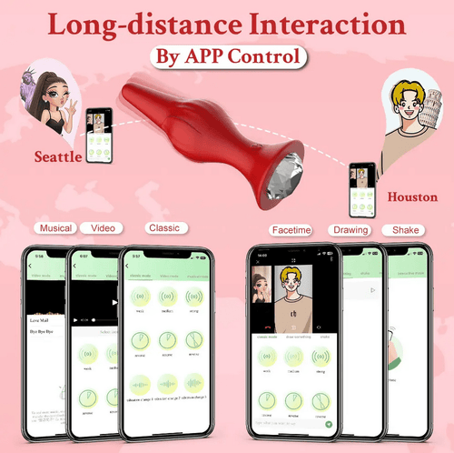 App-control graphic demonstrating Bluetooth remote control and long-distance sharing features.