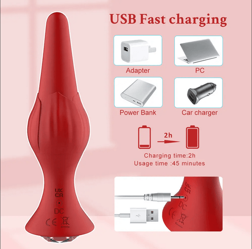 USB magnetic charging diagram for the red vibrating anal plug, cable and charging points shown.