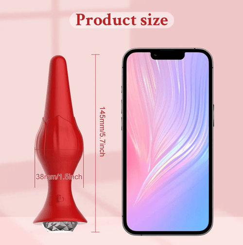 Product size chart for the red vibrating butt plug, measurements and dimensions displayed.
