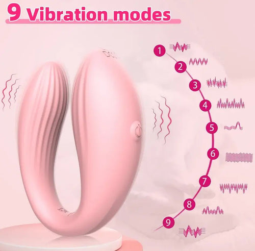 Feature card showing 9 vibration modes for the wearable vibrator with pattern icons.