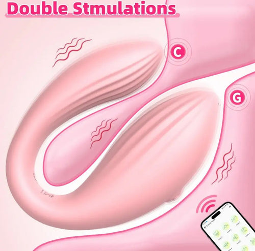Cutaway diagram of double stimulation zones showing internal G-spot arm and external clitoral contact.