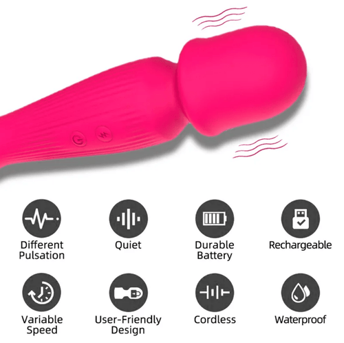 Studio cutout of the wand—10 vibration modes, body-safe silicone, waterproof design.